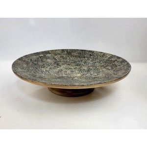 Large Decorative Centerpiece Bowl Bamboo Wood & Eggshell Pedestal Base 15" Nice!